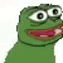 a green frog with big eyes and a red mouth is making a funny face .