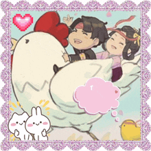 a picture of a man and a woman riding a chicken with a speech bubble that says t.