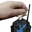 a pixel art of a person holding a gun and putting a hand on a man 's head .