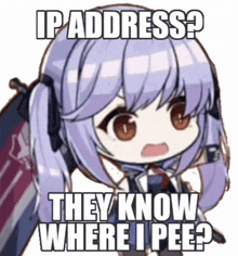 a picture of a girl with the words ip address they know where i pee written on it