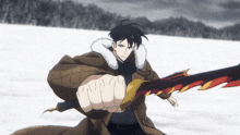a man in a brown coat is holding a sword in his fist