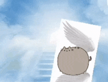 a cartoon cat with wings is flying through the sky .