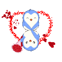 a couple of penguins holding a bouquet of red roses