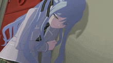 a girl with long blue hair is leaning against a wall with her eyes closed
