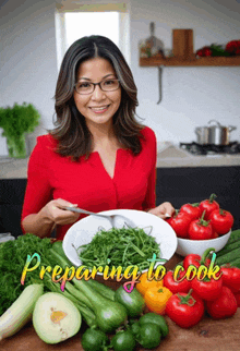 a woman is preparing to cook with a bowl of vegetables in front of her