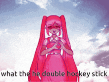 a pixel art of a girl with the words what the he double hockey stick written below her