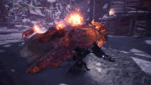 a video game is being played with a monster that is on fire