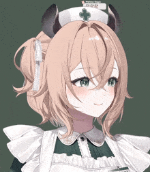 a girl wearing a nurse 's hat with a green cross on it