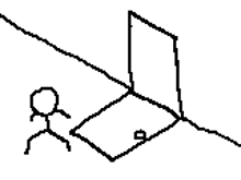 a black and white drawing of a stick figure standing next to a laptop computer .