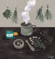 a painting of a cup of tea with a jar of matcha on a table
