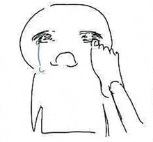 a black and white drawing of a person crying with their hand on their face .