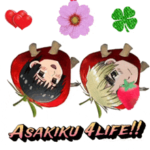 a picture of two anime characters with a strawberry in their mouth and the words " asakiku 4life " below them