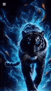 a black and white tiger with blue eyes is surrounded by blue flames