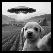 a black and white photo of a puppy taking a selfie