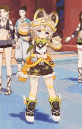 a group of anime characters are standing in a room with a girl wearing a hat with the letter x on it