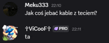 a screenshot of a conversation between meku333 and vicooft