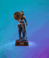 a statue of a woman standing on top of a gramophone with a purple background