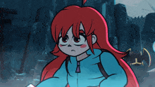 a cartoon character with red hair is wearing a blue shirt