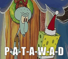a cartoon of squidward wearing a santa hat and spongebob wearing a santa hat