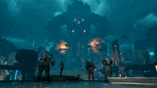 a purple and blue background with a large object in the background