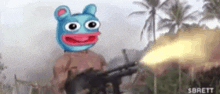 a cartoon character is holding a gun in front of palm trees