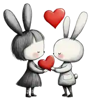 a girl and a rabbit are holding a red heart in their hands