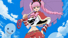 a girl with pink hair is holding a pink umbrella and a lollipop