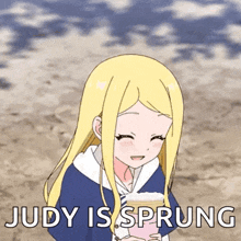 a girl with blonde hair is holding a cup of coffee and says judy is spring .