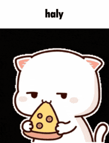 a cartoon cat is eating a slice of cheese and the word haly is above it