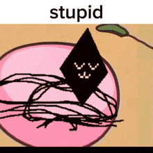 a cartoon drawing of a black diamond with a face on a pink plate with the word stupid below it