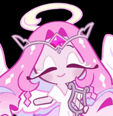 a cartoon angel with a harp and a tiara on her head