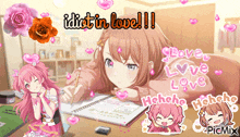 a girl is sitting at a desk writing in a notebook with the words idiot in love written above her