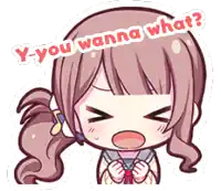 a cartoon of a girl with the words y-you wanna what on her head .