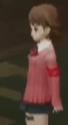 a pixel art of a girl in a pink sweater and skirt standing in a field .