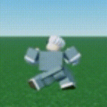a pixelated image of a person standing in a grassy field
