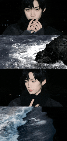 a man in a black turtleneck is standing in front of a large body of water