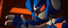a cartoon drawing of a robot with red eyes and a blue body