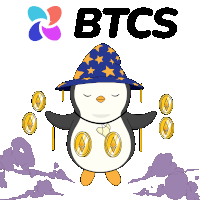 a penguin wearing a wizard hat is balancing coins with the btcs logo in the background