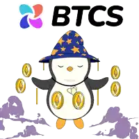 a penguin wearing a wizard hat is balancing coins with the btcs logo in the background