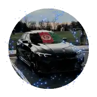 a bmw with a flag on the windshield