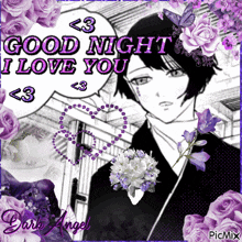 a picture of a man surrounded by purple flowers with the words good night i love you