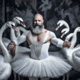 a man with a beard is dressed as a swan and surrounded by swans .