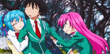 a couple of anime characters are standing next to each other and one of them has a blue haired girl and the other has pink hair