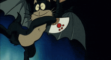 a cartoon cat with bat wings is holding a card
