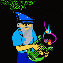 a cartoon of a man playing a harp with the words magic never stops written above him