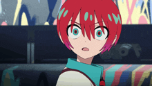 a girl with red hair and blue eyes is looking at the camera