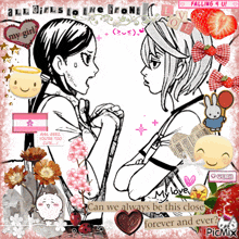 a picture of two girls with the words " all girls to the front " on the top
