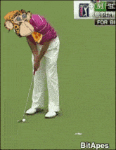 a man wearing a monkey mask is putting a golf ball on a green