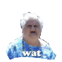 a woman wearing a blue shirt that says wat on it