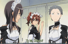 a man and two maids are standing next to each other and one of the maids is saying ty też subaru